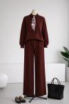 Fular Aksesuarlı Pantolonlu Selanik Takım Kahve