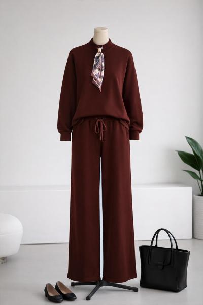 Fular Aksesuarlı Pantolonlu Selanik Takım Kahve