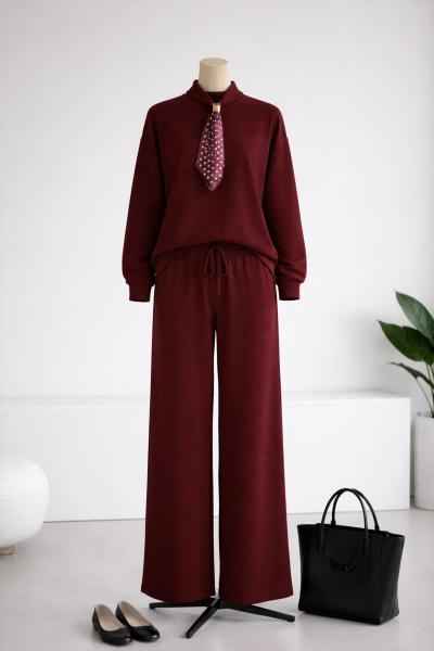 Fular Aksesuarlı Pantolonlu Selanik Takım Mürdüm