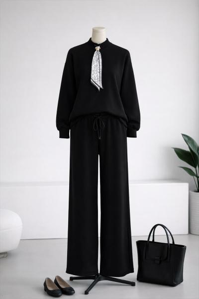 Fular Aksesuarlı Pantolonlu Selanik Takım Siyah