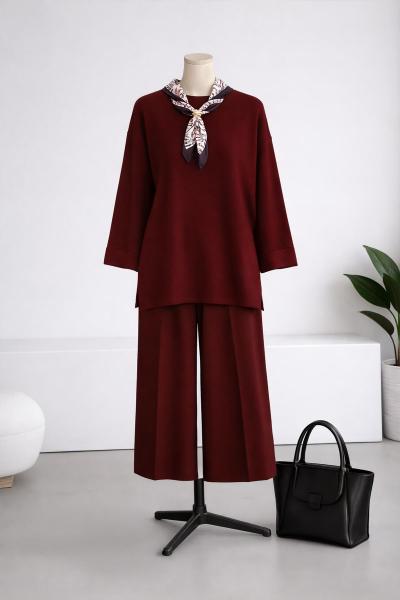 Kolu Katlamalı Fularlı Pantolonlu Triko Takım Bordo