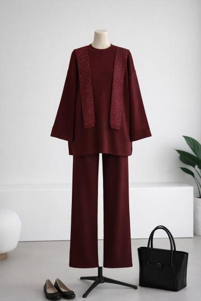 Aksesuarı Taşlı Pantolonlu Üçlü Triko Takım Bordo