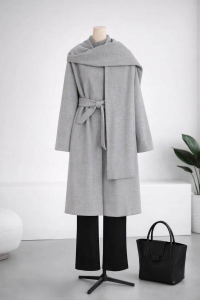 Hakim Yaka Atkılı Kuşaklı Kaşe Kaban Gri