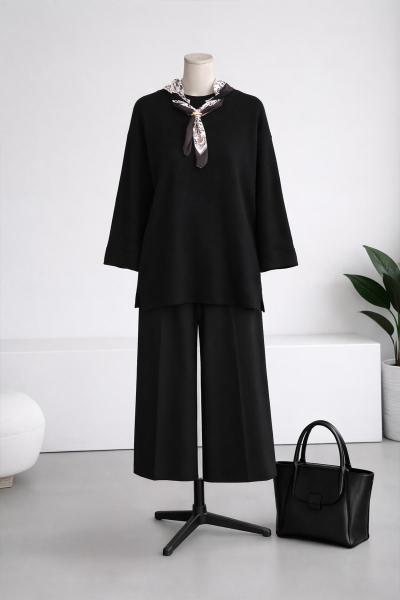 Kolu Katlamalı Fularlı Pantolonlu Triko Takım Siyah