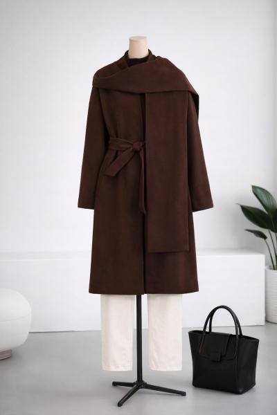 Hakim Yaka Atkılı Kuşaklı Kaşe Kaban Kahve