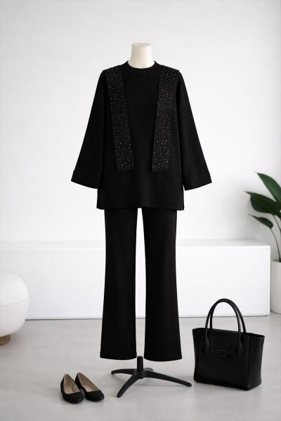 Aksesuarı Taşlı Pantolonlu Üçlü Triko Takım Siyah
