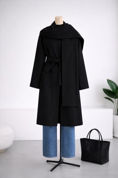 Hakim Yaka Atkılı Kuşaklı Kaşe Kaban Siyah