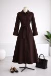 Düğmeli Kolu Katlamalı Kuşaklı Kot Elbise Kahve