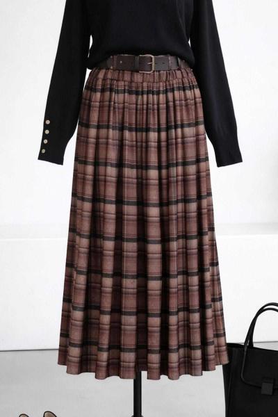 Kemerli Beli Lastikli Ekoseli Jakarlı Etek Kahve