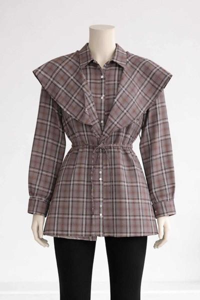 Pelerinli Ekoseli İnce Kuşaklı Gömlek Füme