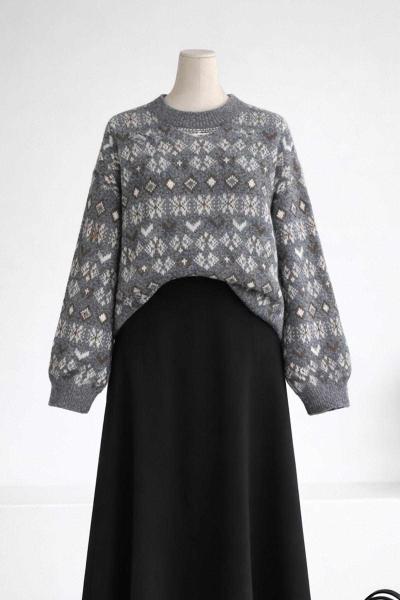 Yün Karışımlı Efektli Jakar Triko Kazak Gri