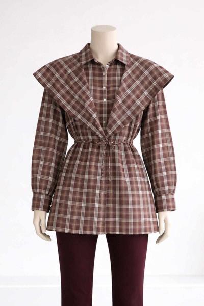 Pelerinli Ekoseli İnce Kuşaklı Gömlek Kahve