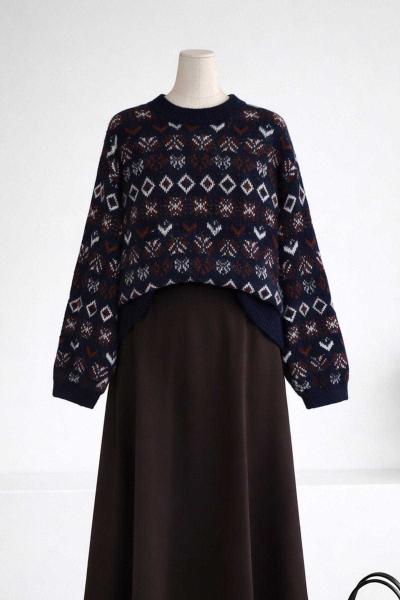 Yün Karışımlı Efektli Jakar Triko Kazak Lacivert