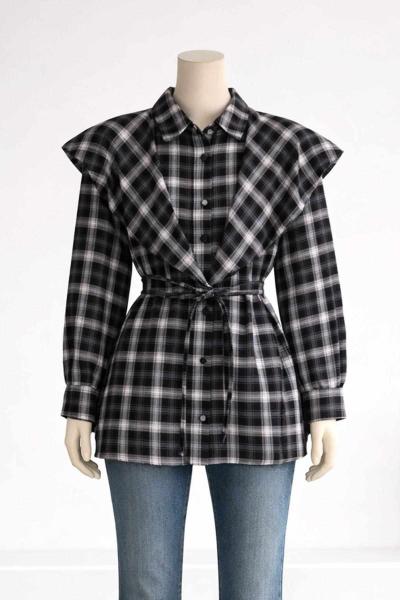 Pelerinli Ekoseli İnce Kuşaklı Gömlek Siyah