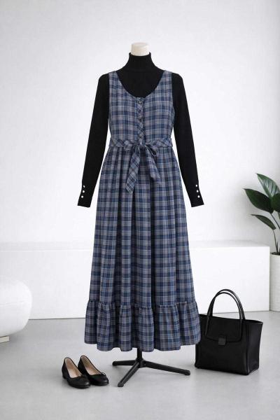 Ekoseli Parçalı Kendi Kumaşından Düğmeli Jile İndigo