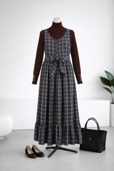 Ekoseli Parçalı Kendi Kumaşından Düğmeli Jile Kahve