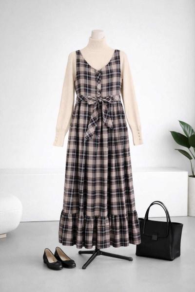 Ekoseli Parçalı Kendi Kumaşından Düğmeli Jile Vizon