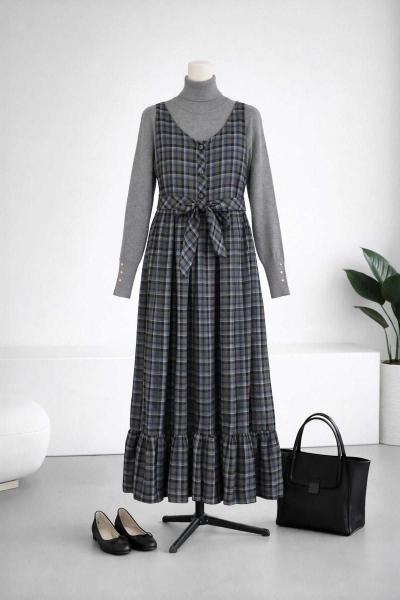 Ekoseli Parçalı Kendi Kumaşından Düğmeli Jile Yeşil