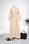 Omuzu Tokalı Gabardin Elbise Bej