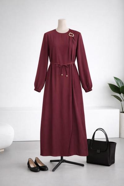 Omuzu Tokalı Gabardin Elbise Mürdüm