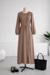 Omuzu Tokalı Gabardin Elbise Sütlü Kahve