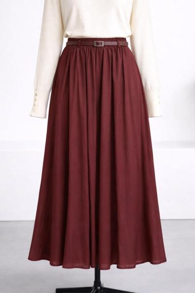 Deri Kemerli Çift Cepli Vual Etek Bordo