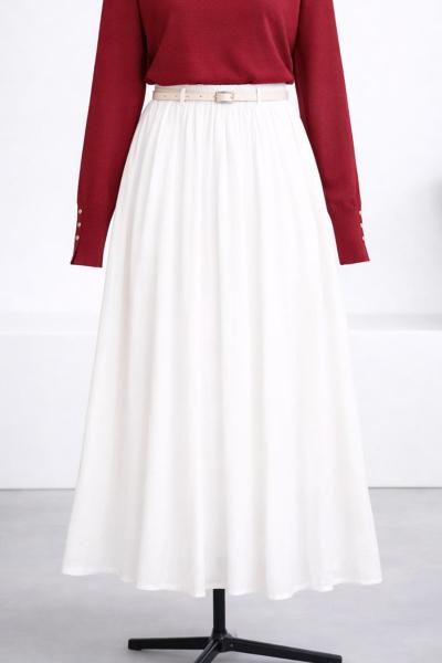 Deri Kemerli Çift Cepli Vual Etek Ekru