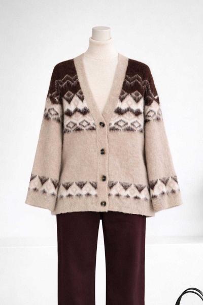 Fırçalanmış Dokulu Desenli Triko Hırka Kahve