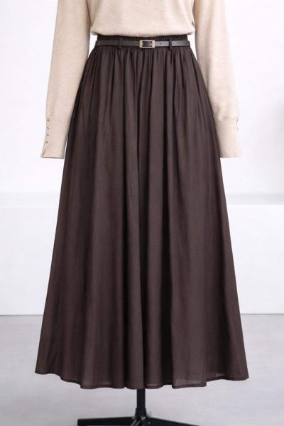 Deri Kemerli Çift Cepli Vual Etek Kahve