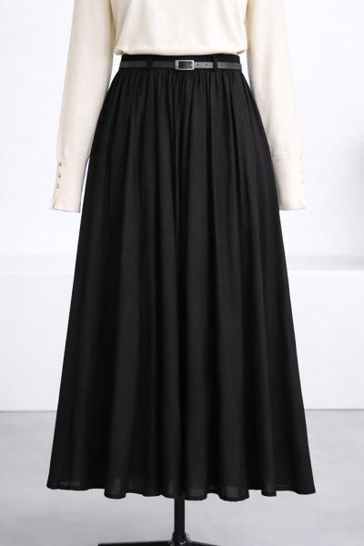 Deri Kemerli Çift Cepli Vual Etek Siyah