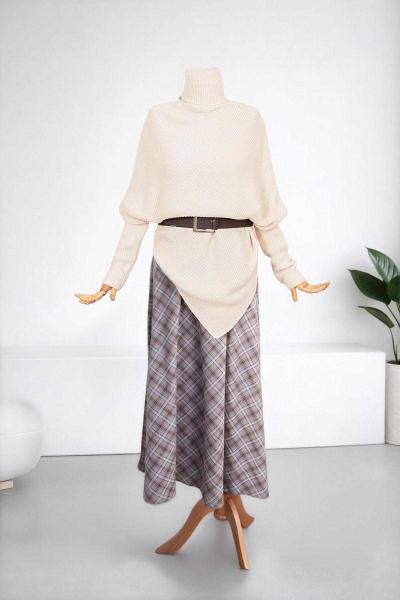 Balıkçı Yaka Fitilli Triko Panço Krem