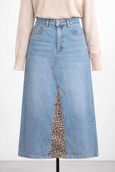Leopar Garnili Kot Etek Açık Mavi