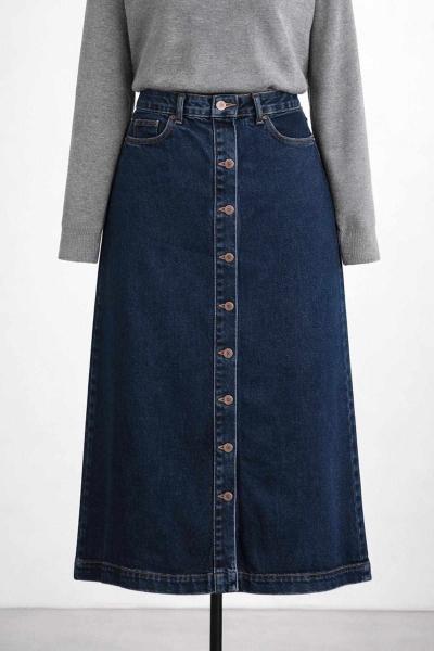 Çift Cepli Metal Düğmeli Kot Etek Koyu Mavi