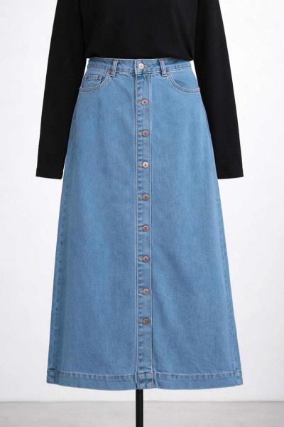 Çift Cepli Metal Düğmeli Kot Etek Orta Mavi