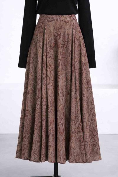 Şal Desenli Şifon Kloş Etek Kahve