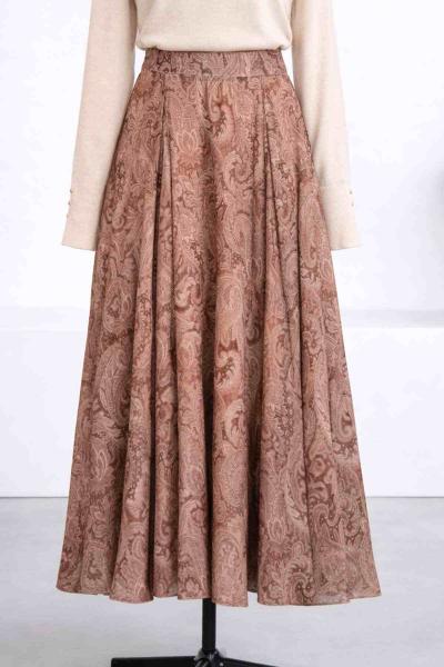 Şal Desenli Şifon Kloş Etek Açık Camel