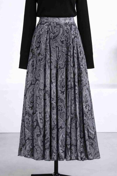 Şal Desenli Şifon Kloş Etek Siyah