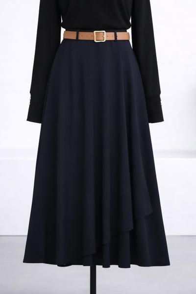 Beli Kemerli Anvelop Krep Etek Lacivert