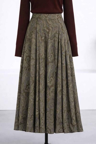 Şal Desenli Şifon Kloş Etek Yağ Yeşili