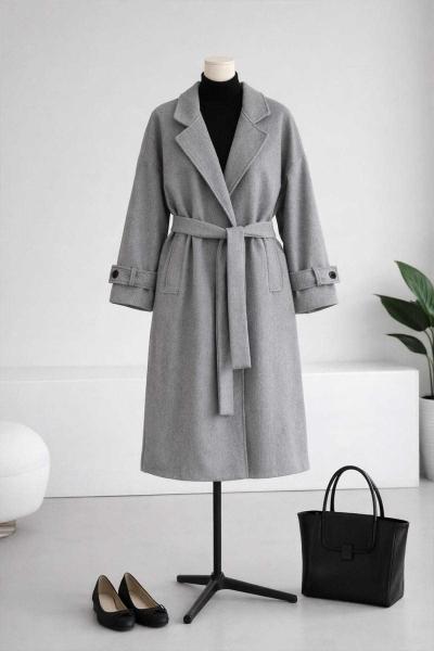 Kolu Düğmeli Bantlı Kuşaklı Kaşe Kaban Koyu Gri