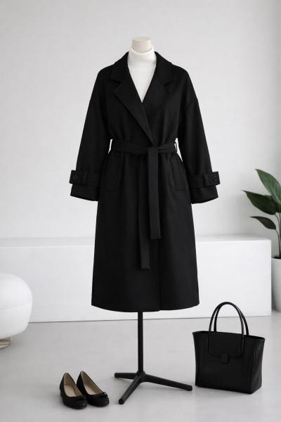 Kolu Düğmeli Bantlı Kuşaklı Kaşe Kaban Siyah