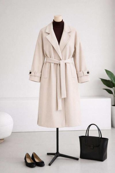 Kolu Düğmeli Bantlı Kuşaklı Kaşe Kaban Taş