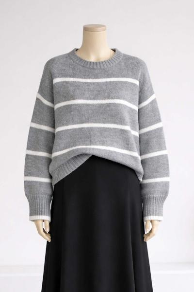 Bisiklet Yaka Enine Çizgili Triko Tunik Gri