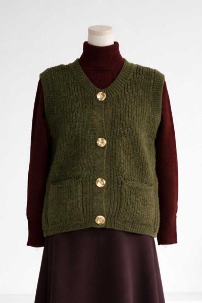 Çift Cepli Sarı Düğmeli Selanik Triko Yelek Haki