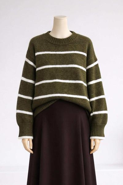 Bisiklet Yaka Enine Çizgili Triko Tunik Haki