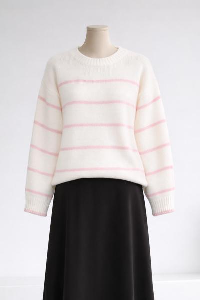 Bisiklet Yaka Enine Çizgili Triko Tunik Kemik Pembe