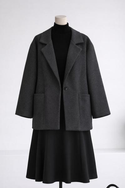 Çift Cepli Oversıze Kısa Kaşe Kaban Antrasit