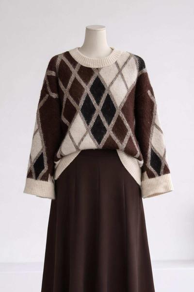 Baklava Desen Kolları Rahat Triko Kazak Bej