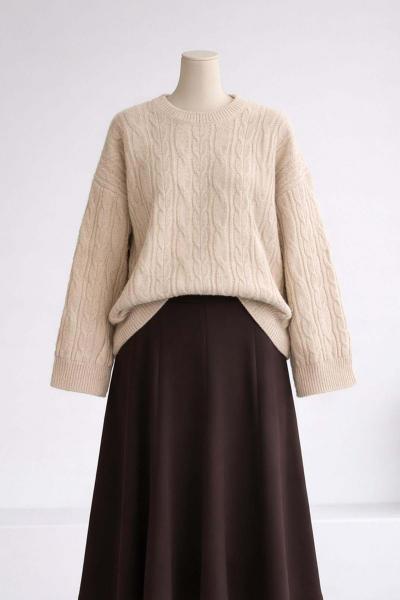 Saç Örgü Desen Triko Kazak Bej