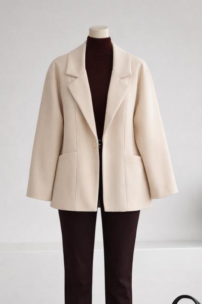 Çift Cepli Oversıze Kısa Kaşe Kaban Bej